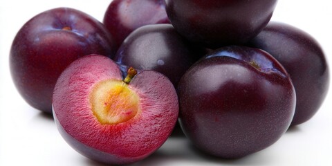 Obraz premium Delicious plums, one cut open to reveal its sweet and juicy flesh on a white background.