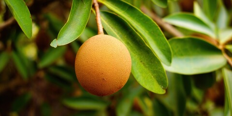 A single sapodilla fruit hangs from a tree branch amidst green leaves, showcasing its natural beauty and freshness.