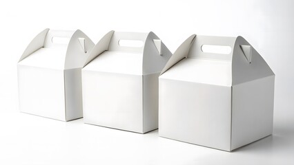 Packaging mockup, Three plain white gable top boxes with handles arranged in a row on a white background