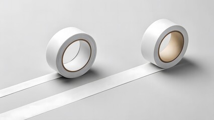 Two rolls of white tape unspooling on a clean grey background showcasing their adhesive properties and simplicity