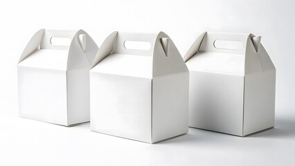 Packaging mockup, Three blank white gable top boxes with handles arranged on a white surface ready for customization and gifts