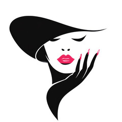 Minimalist beauty and fashion logo with beautiful woman wearing elegant hat and gloves, touching her face, on white background.