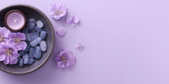 Spa concept with purple flowers, candle and blue stones in bowl on purple background creating relaxing atmosphere - Powered by Adobe