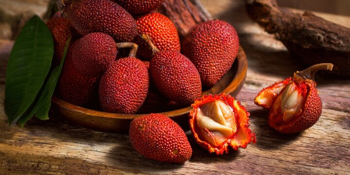 Vibrant red bayberries are displayed in a wooden bowl, showing their rich color and texture.
