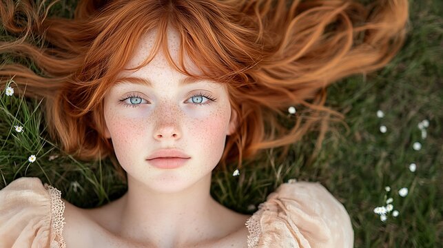 A young woman with red hair and blue eyes lying on grass. - Powered by Adobe