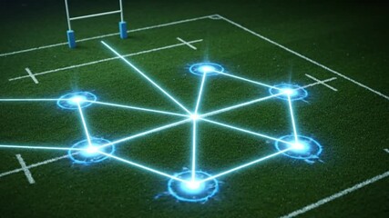 Overhead View of Seven Glowing Players in Formation on Virtual Rugby Field with Dynamic Connections - Powered by Adobe