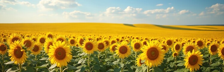 Vast sunflower field in Kansas, abundant sunny yellow blossoms under a blue sky with clouds. Golden helianthus annuus plants create a vibrant rural landscape, showcasing summer agriculture and flora.