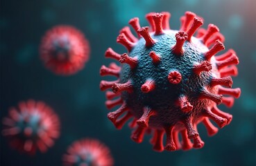Microscopic view of coronavirus particle, exhibiting spikes on its surface. This scientific illustration shows a virus structure in blue and red, relevant to infection, pandemic, and health research.