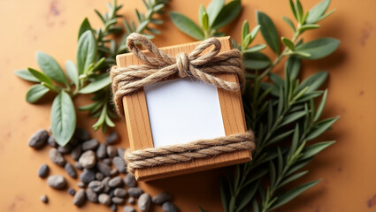 A special gift from nature. A rustic wooden gift box tied with natural jute rope, featuring a blank card ready for your message.