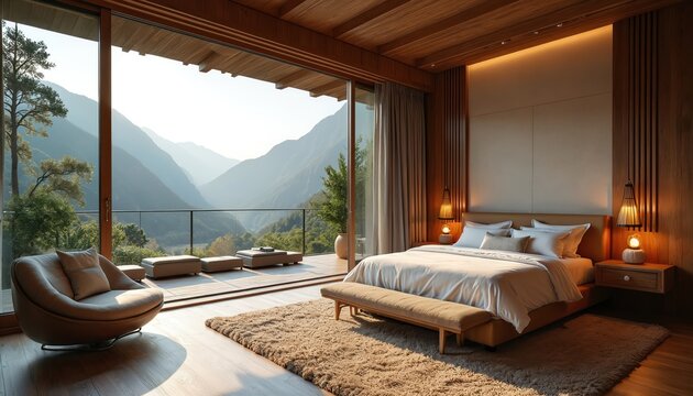 Luxurious modern bedroom with large bed, mountain view. Wooden interior, cosy atmosphere. Open balcony with seating, natural light floods room. Comfortable bed, plush rug, elegant decor create - Powered by Adobe