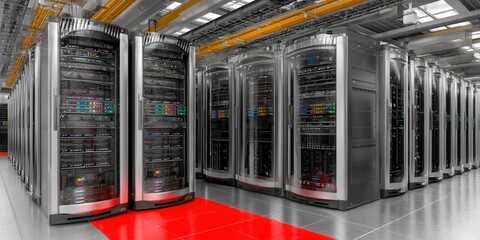 Rows of servers in a modern data center, reflecting the core of digital infrastructure.