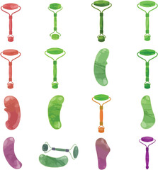 Vector jade roller illustration set: various beauty massage tools in green and black, perfect for skincare, beauty, and wellness designs, isolated on white background.