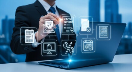 Businessman managing digital invoices and receipts with holographic — online finance and billing interface