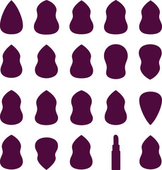 Vector makeup sponge silhouette set: various purple beauty blender shapes and an applicator. Ideal for cosmetic, beauty, and makeup industry designs, isolated on white background.