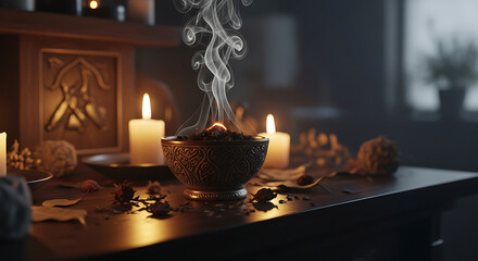 Ritualistic scene with smoking bowl candles and decorative objects on a dark surface in a room ai genrated