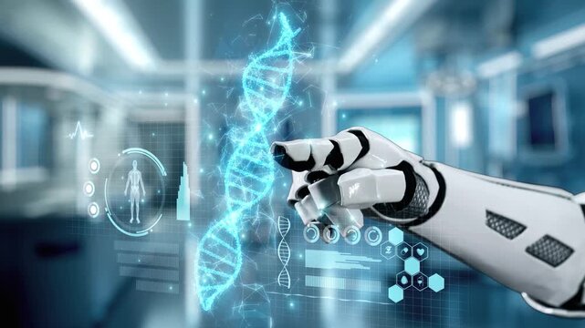 Close up of robotic hand pointing and tapping at DNA hologram with blur laboratory background. Robotic hand clicking at DNA icon to access and connect medical data to diagnosis symptom. Salubrious.