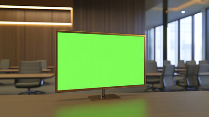 Conference room display: Green screen monitor on a wooden table, meeting space with chairs and large windows in the background, perfect for presentations.