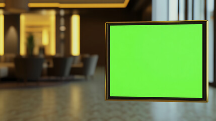A framed green screen in front of a blurred restaurant interior, offering opportunities for customized visual content and digital marketing.