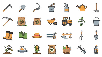 Collection of Agriculture and Farming Tools in Flat Vector Style - Icon Sheet