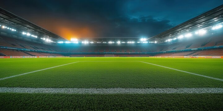 A captivating shot of an empty soccer stadium field under the bright floodlights at night. - Powered by Adobe