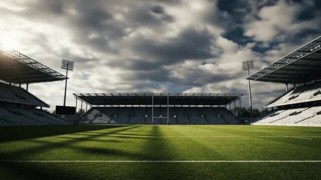 Time-Lapse Loop of Fast-Moving Clouds and Animated Shadows Over Empty Rugby Field