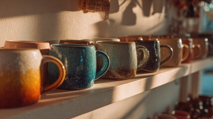 Aesthetic Display of Colorful Ceramic Mugs on Wooden Shelf