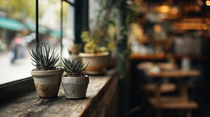 Cozy Indoor Plants on Window Sill in Rustic Cafe Setting