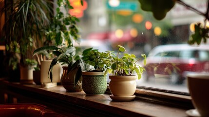 Cozy Indoor Garden with Potted Plants by Window in a Cafe Setting