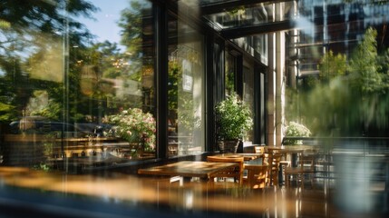 Cozy Outdoor Dining Area with Sunlight and Greenery in Urban Setting