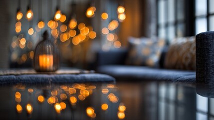 Cozy living room ambiance with warm bokeh lights and decor