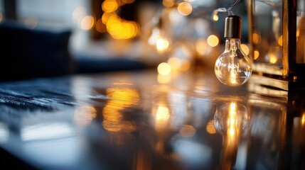 Warm and Cozy Atmosphere with Glowing Lights on a Wooden Table