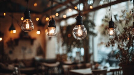 Vintage Hanging Light Bulbs in Cozy Café Ambiance