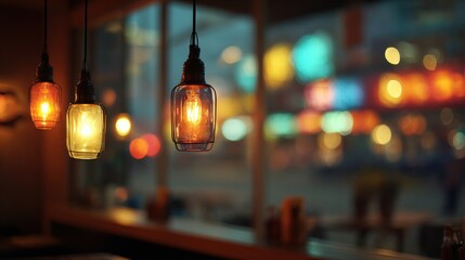 Vintage Hanging Lights in Cozy Cafe with Blurred City Background