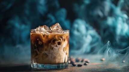Refreshing Iced Coffee with Cream Swirls and Smoke Background