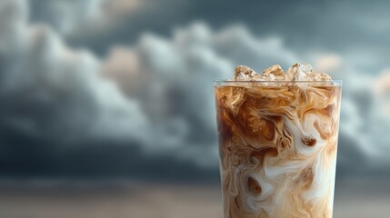 Refreshing Iced Coffee with Cream Swirl Against Dramatic Clouds