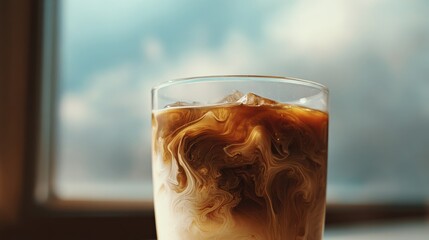 Creamy Swirls of Iced Coffee in a Glass with Beautiful Background