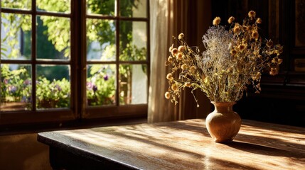 Dried Flowers in a Vase on Wooden Table by Sunlit Window