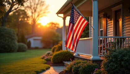 American flag waves proudly on suburban home porch at sunset. Warm evening sunlight illuminates yard, green grass, blooming flowers. Peaceful neighborhood scene evokes patriotism, family, summer