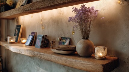 Cozy Interior Display with Rustic Shelves and Dried Flowers