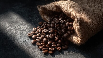 Freshly Roasted Coffee Beans in a Burlap Bag on Dark Surface
