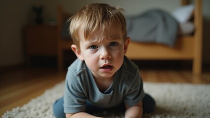 Fototapeta premium Confused Toddler Sitting on Carpet at Home with Curious Expression