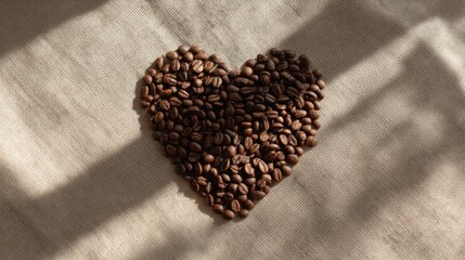Heart Shape Made of Coffee Beans on Neutral Fabric Background