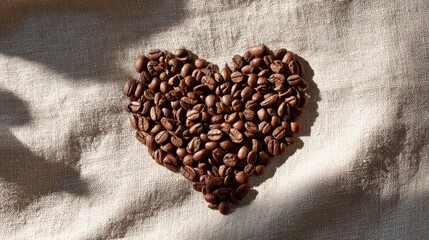 Heart Shape Made of Coffee Beans on Rustic Fabric Background