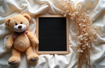 Pregnancy announcement flat lay featuring teddy bear, dried flowers, black letterboard on soft, white muslin blanket. Serene scene perfect for announcing new life, baby showers, gender.