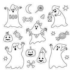 Cute halloween coloring set of ghosts, spider and pumpkins,vector illustration.