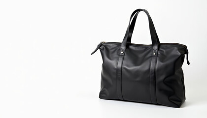 Stylish Black Leather Bag, Fashion Accessory, Modern Studio, Product Photography, Minimalist Environment, Side View, Trendy Design