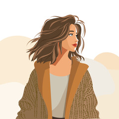 A fashionable young woman poses in a cozy sweater against an urban backdrop showcasing modern style and comfort.