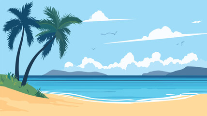 Fototapeta premium Serenity Beach Paradise: Idyllic Tropical Island Ocean Shore with Palm Trees