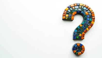 Colorful mosaic question mark on white background. Vibrant geometric tiles in blues, greens, oranges form symbol. Represents query, doubt, puzzle solving, creative artistic expression. Hand-crafted