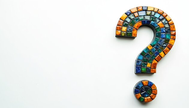 Colorful mosaic question mark on white background. Vibrant geometric tiles in blues, greens, oranges form symbol. Represents query, doubt, puzzle solving, creative artistic expression. Hand-crafted